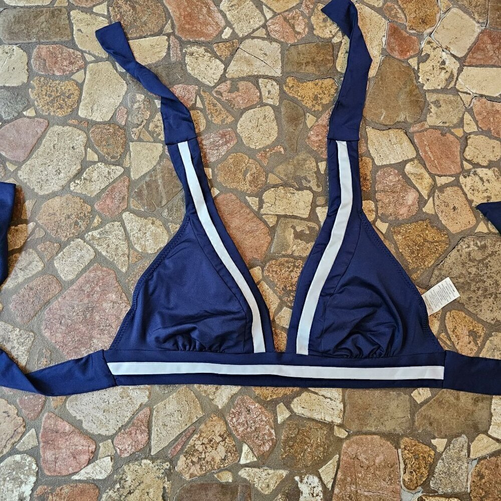 Anne Cole Women's Sporty Nautical Navy Blue Tie Bikini Top M